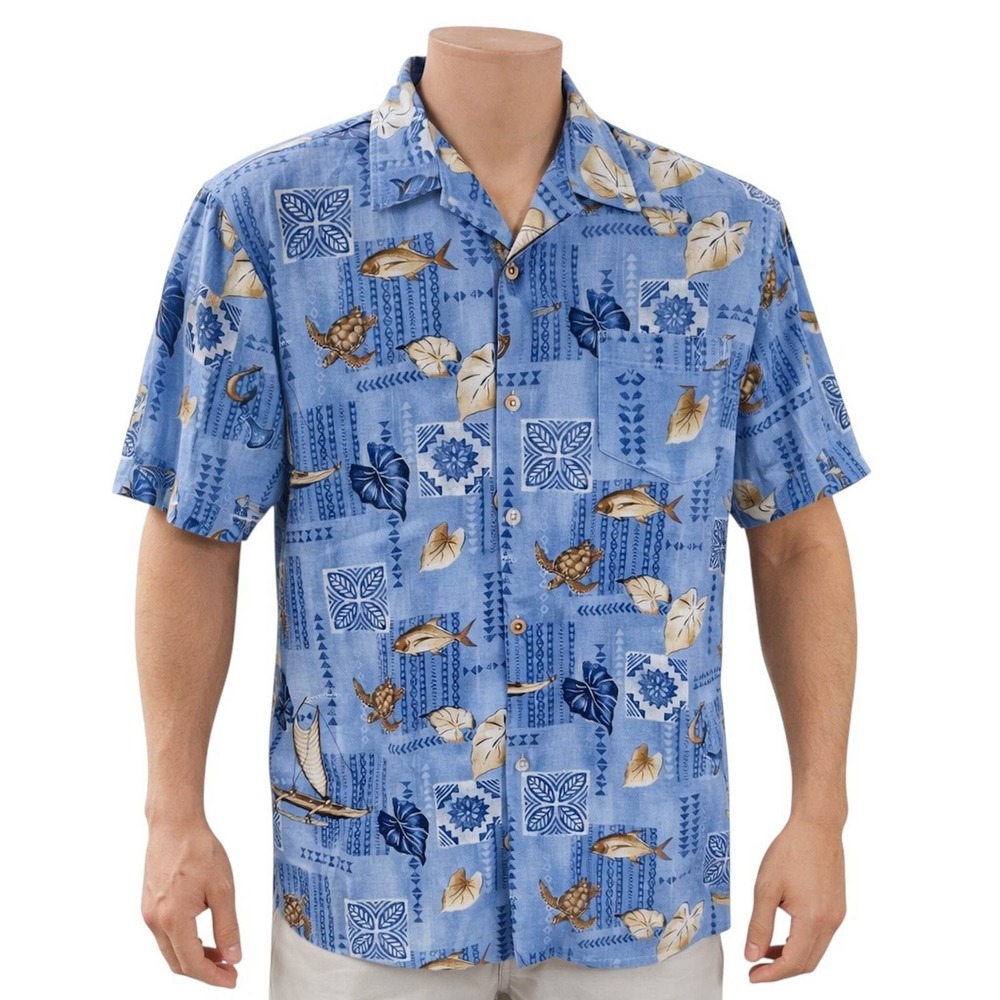 Jade Fashions Hawaiian Aloha Shirt XL Sea Turtles Fish Tribal Floral Blue Tan